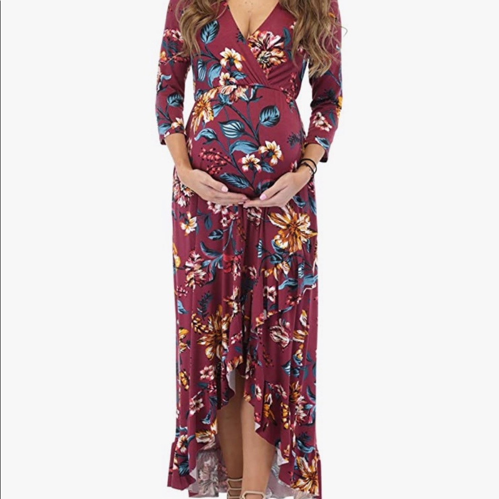 Burgundy 3/4 sleeve faux wrap dress